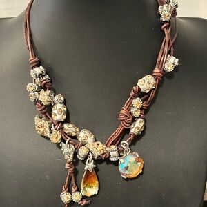 Otazu Classic Leather and Crystal Statement Necklace #G036 butterfly star